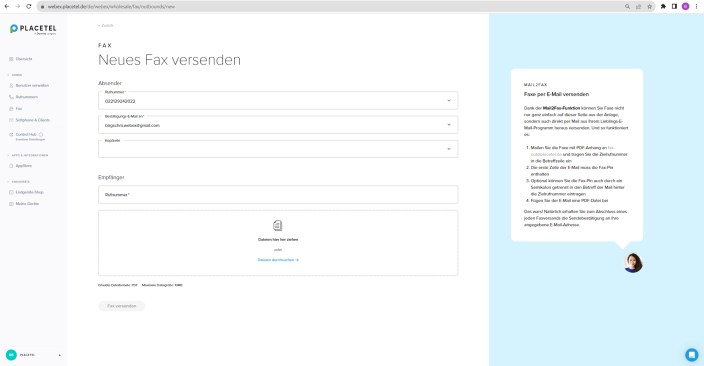 Versand eines elektronischen Faxes über das Webportal Versand eines elektronischen Faxes über das Webportal