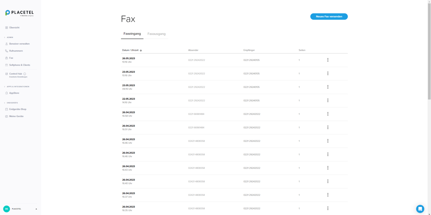 Faxübersicht im Webportal Faxübersicht im Webportal