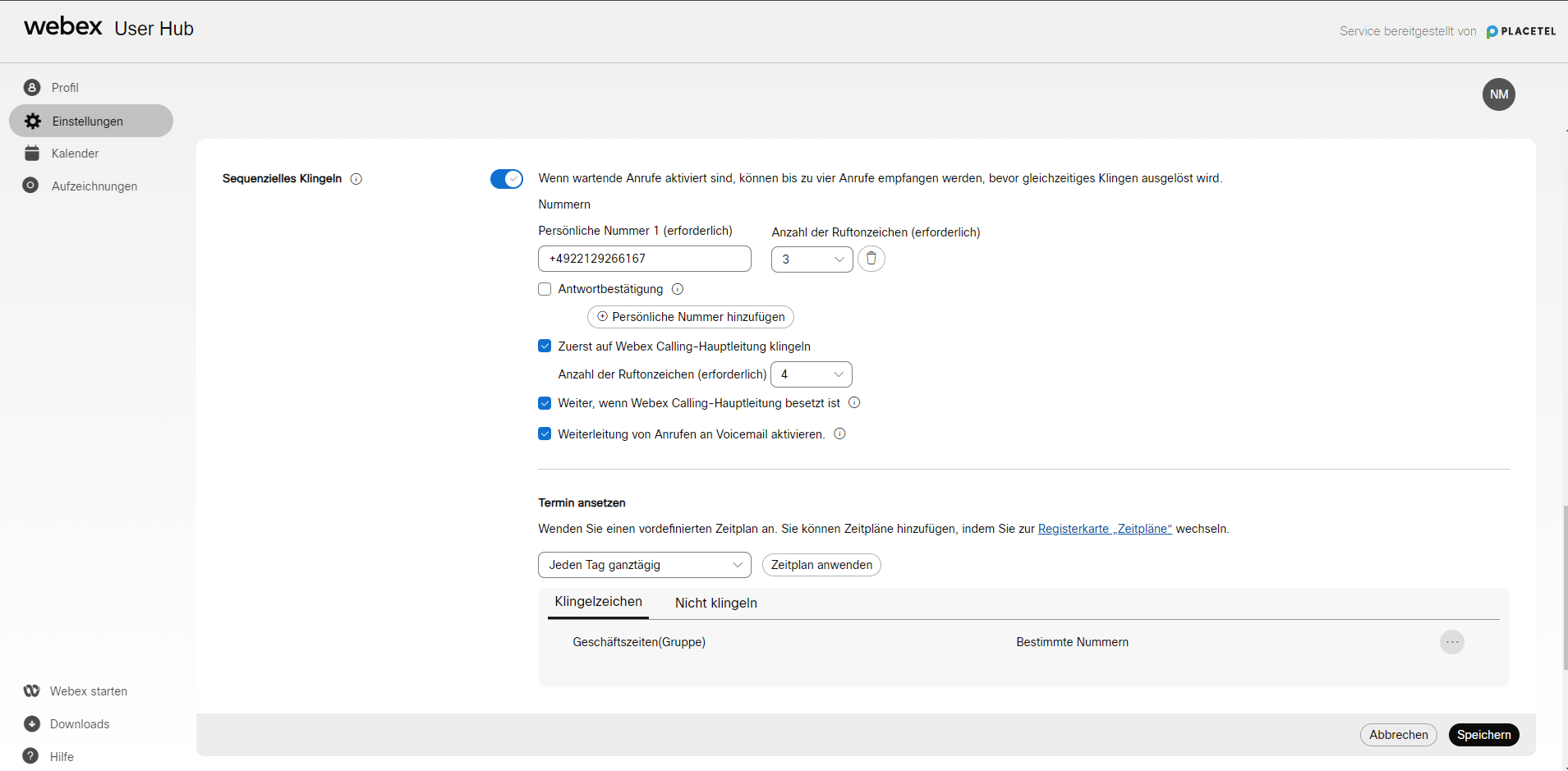 Einstellung des sequentiellen Klingeln bei Webex für Placetel Einstellung des sequentiellen Klingeln bei Webex für Placetel