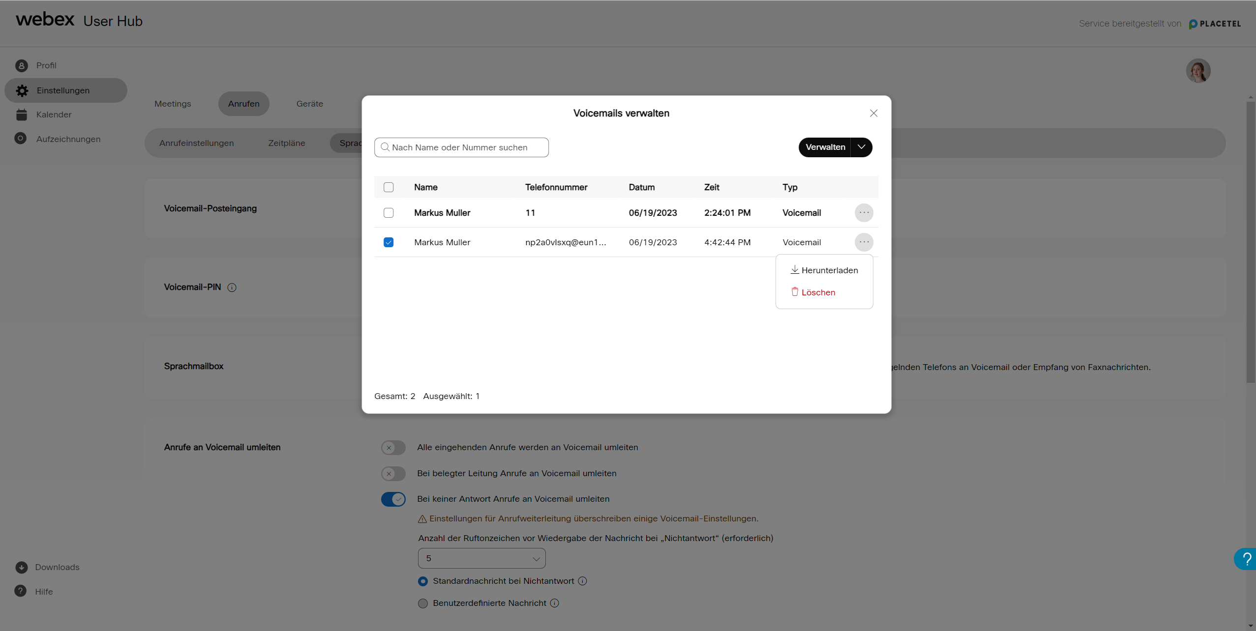 Mailboxeinstellungen in der Placetel Weboberfläche Mailboxeinstellungen in der Placetel Weboberfläche